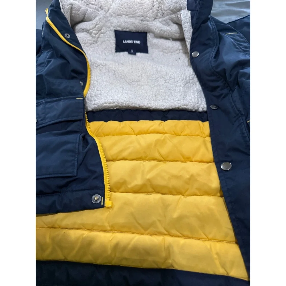 Lands End Kids Navy Blue Down Hooded Parka Jacket Sherpa Lined Size S 8